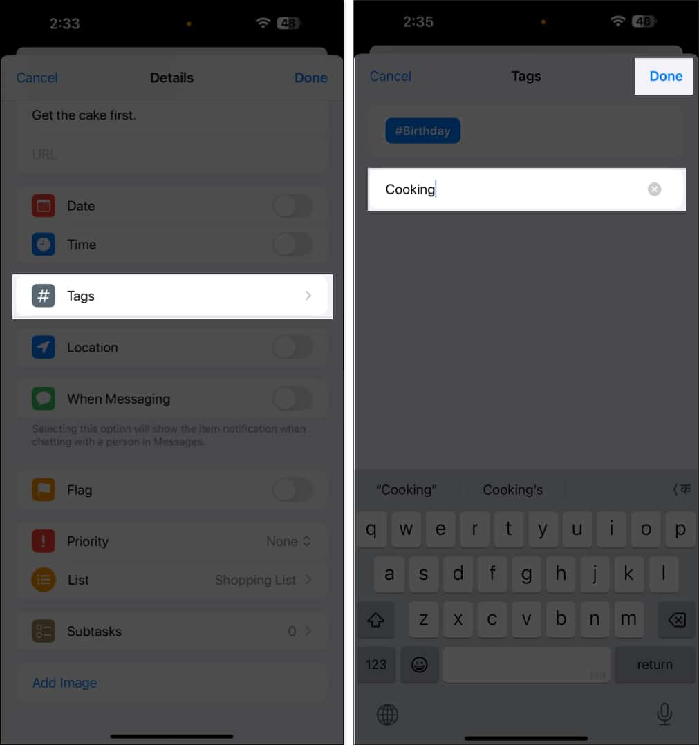 Creating a tag in iOS Reminders app.