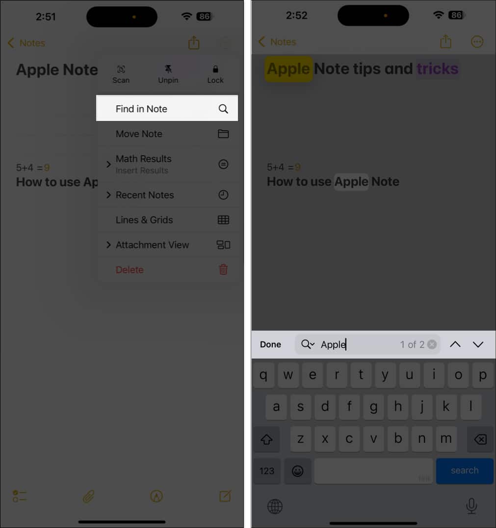 Finding text in the Apple Notes app.