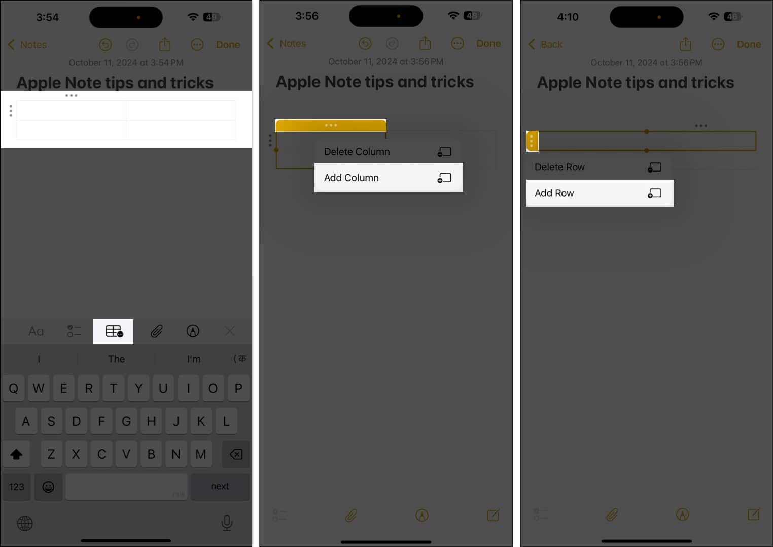 Adding a table in Notes app and inserting new rows and columns into it.