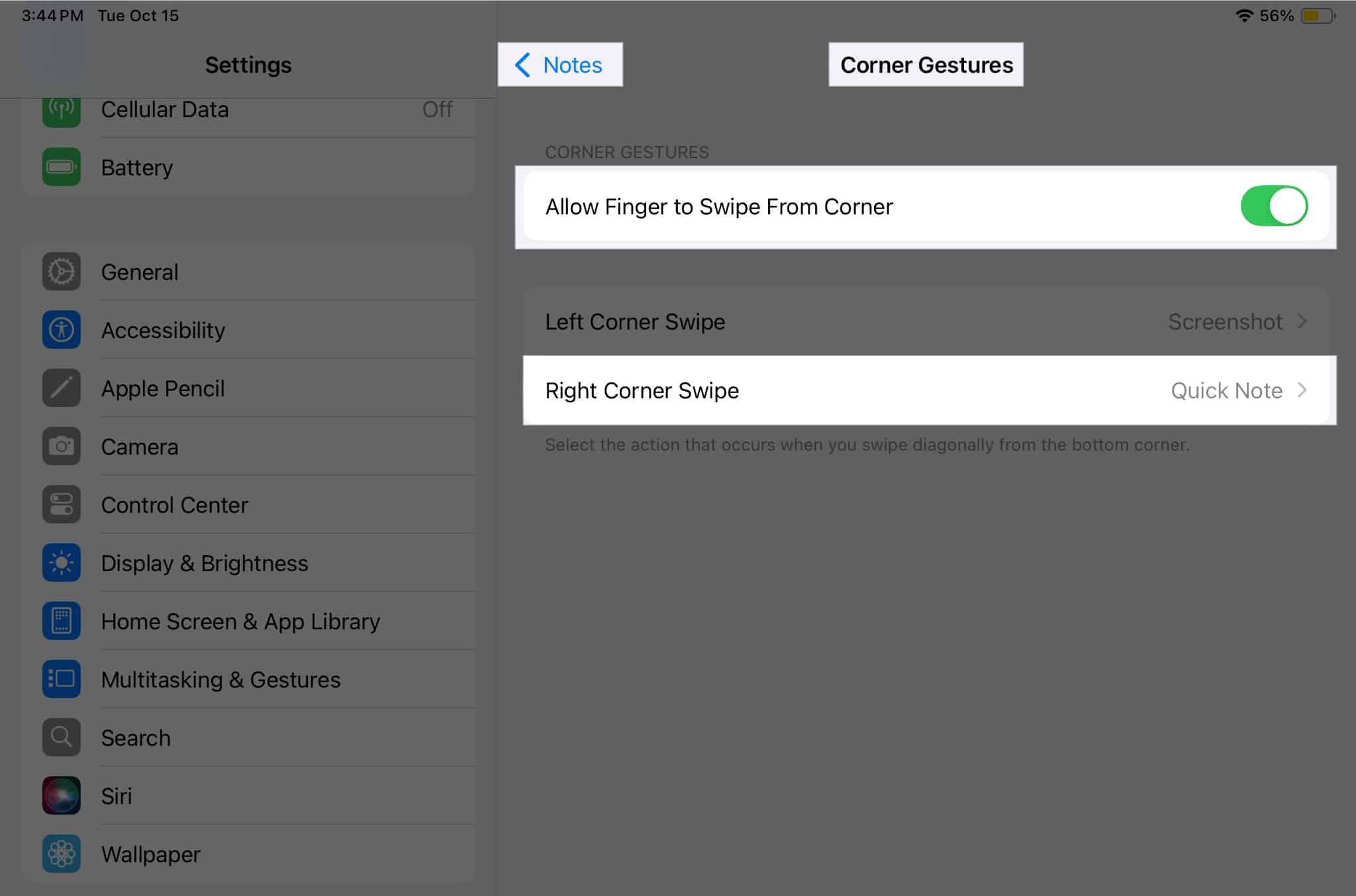 Configuring the Corner Gestures settings in the iPad Settings app.