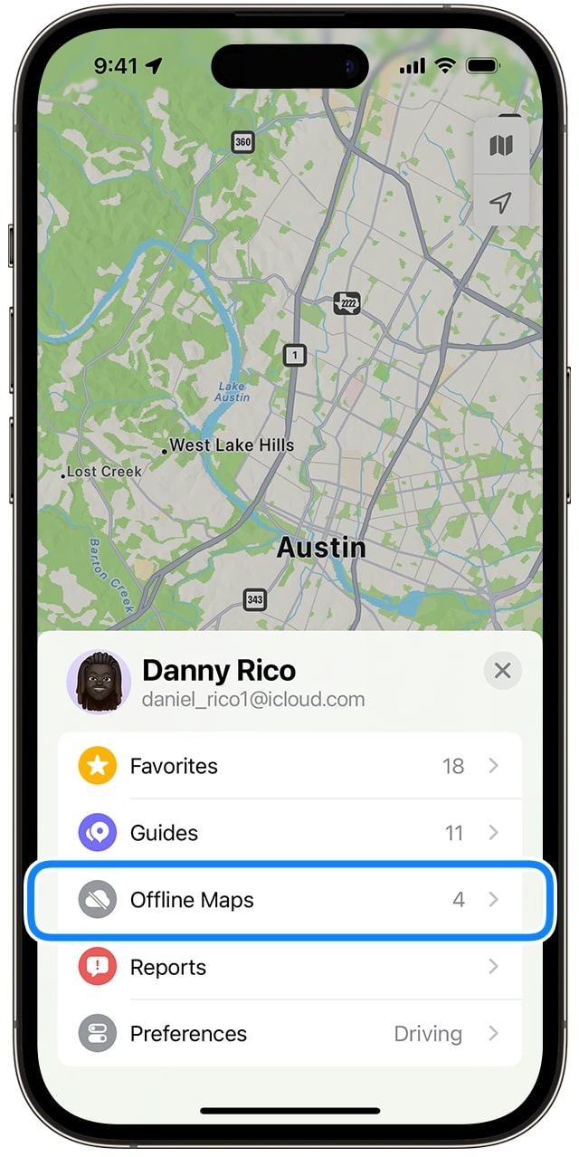 Offline Maps option in Apple Map app on an iPhone.