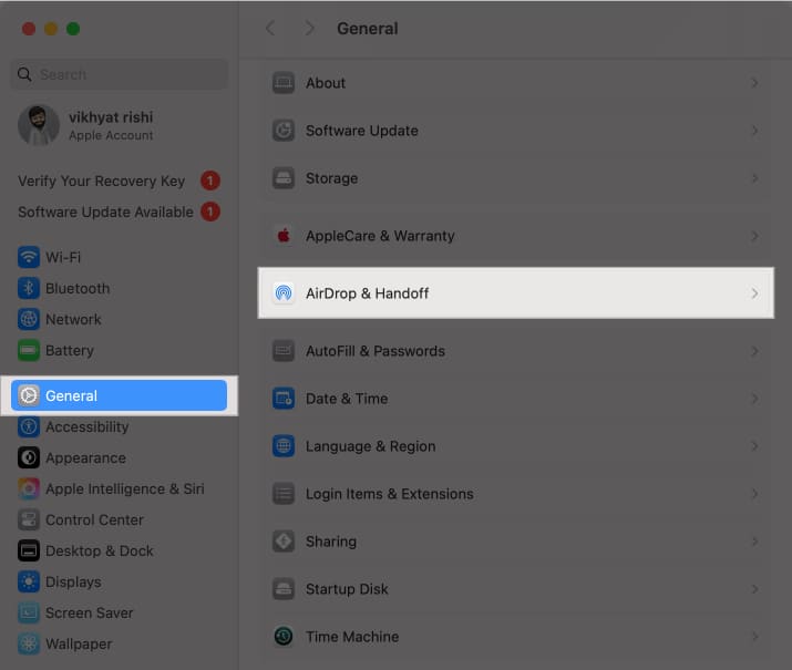 AirDrop & Handoff option in macOS System Settings on a Mac.