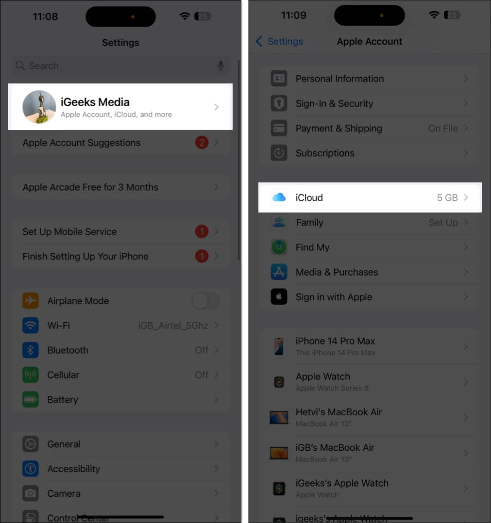 Accessing iCloud settings in iPhone Settings app.