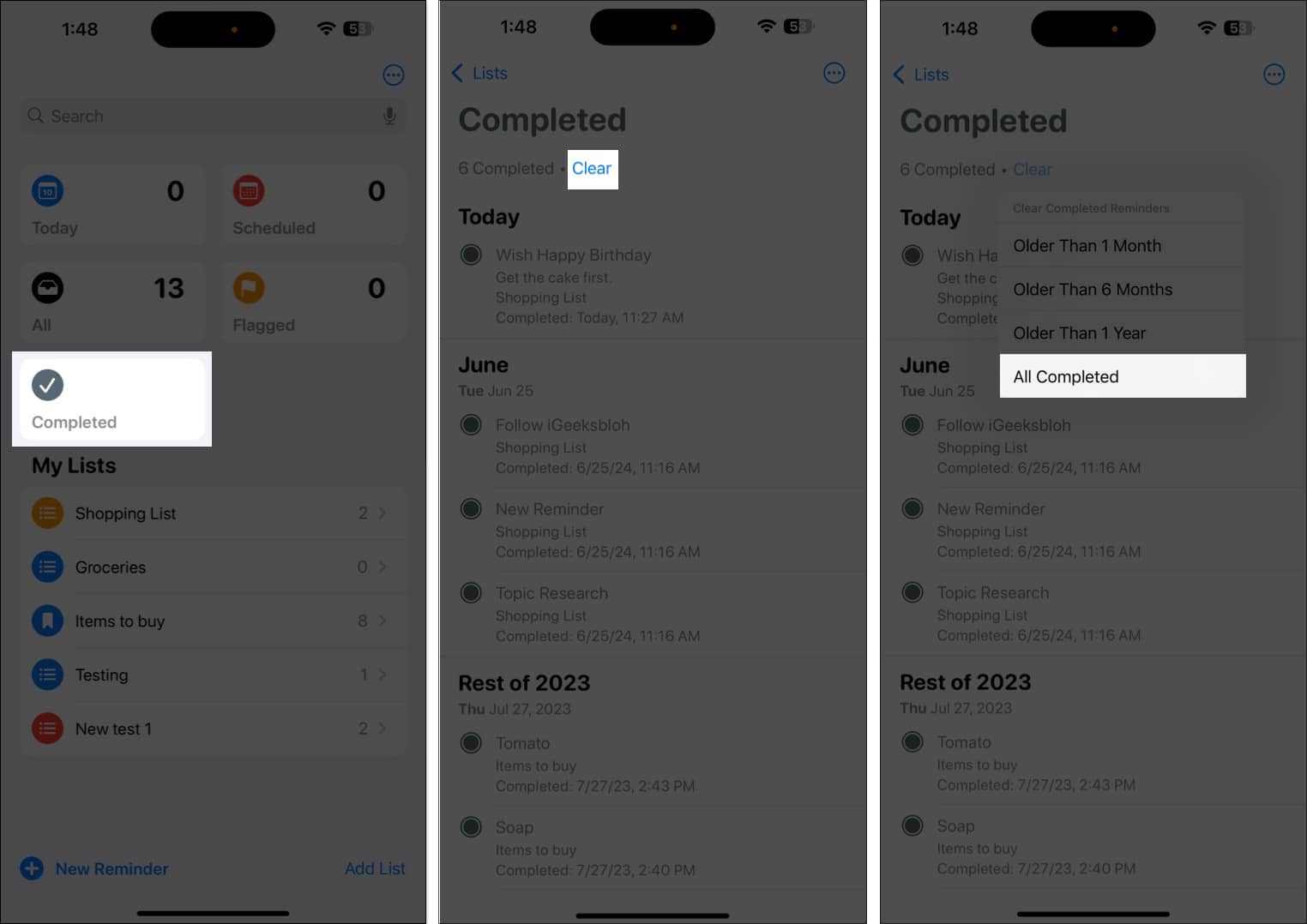 Accessing the Completed folder to view all completed reminders on an iPhone.