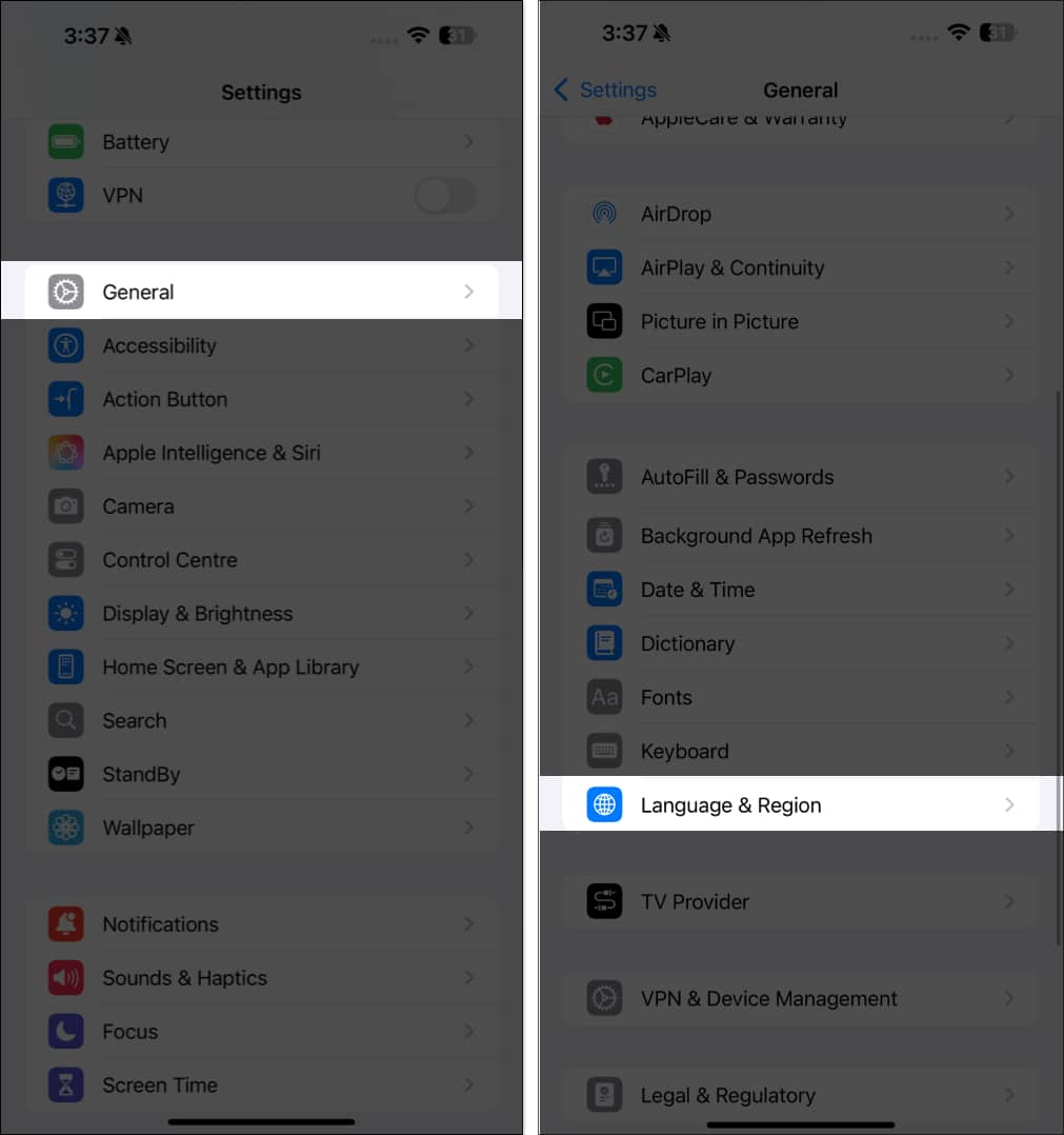 Accessing the Langauge & Region page in iPhone Settings app.