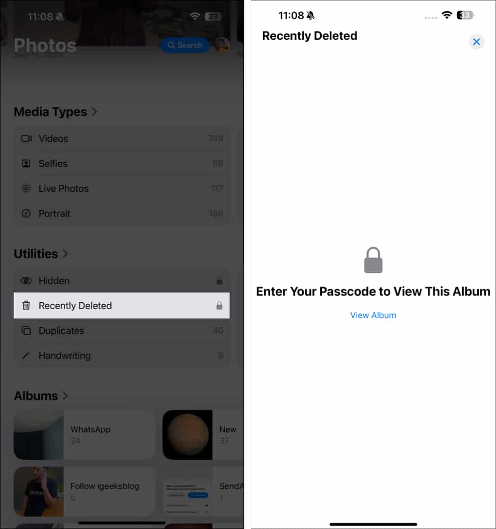 Accessing the Recently Deleted folder in the iOS Photos app.