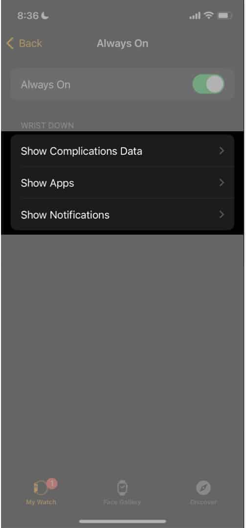 Always On settings page on the Watch app on an iPhone.