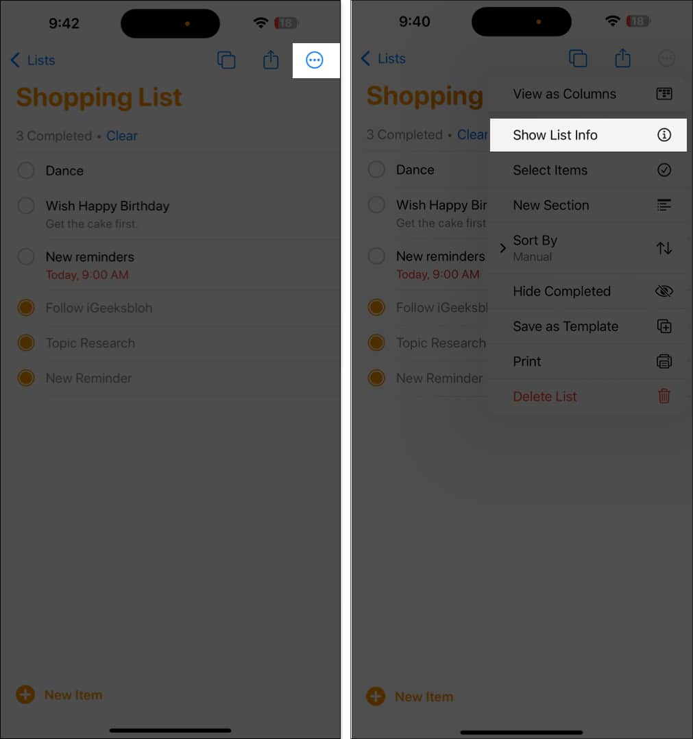 Editing a list in Reminders.