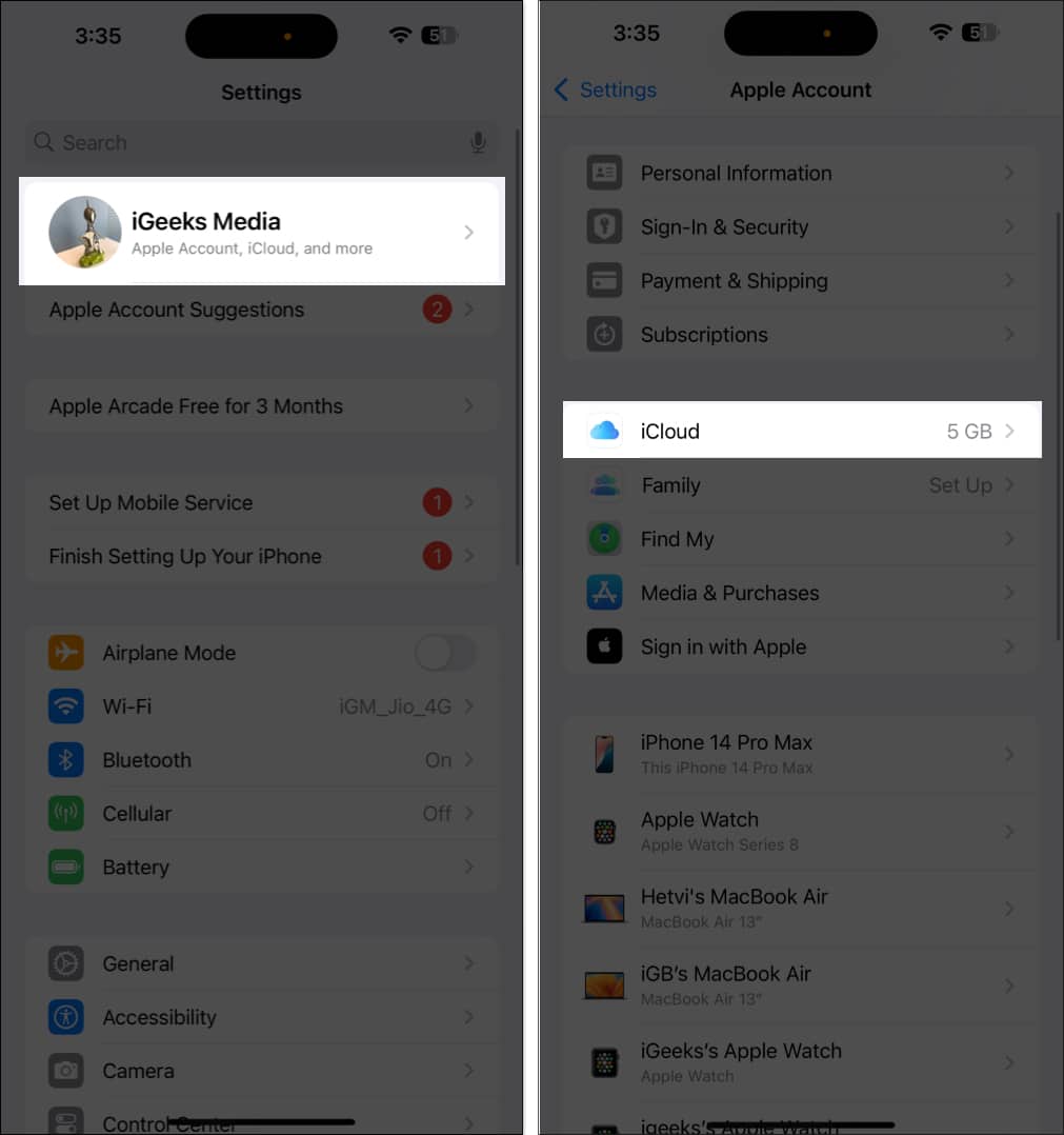 Accessing iCloud settings in iPhone Settings app.