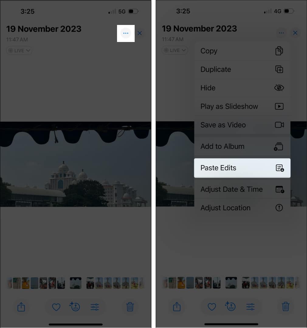 Pasting copied edits from an edited photo to selected photos in the Photos app on an iPhone.