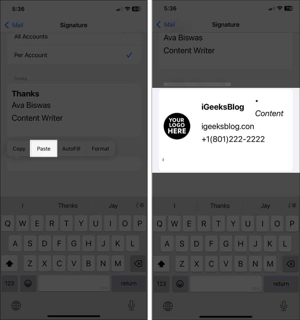 Pasting custom email signature from the Email Signature Pro app in the Mail app settings on an iPhone.