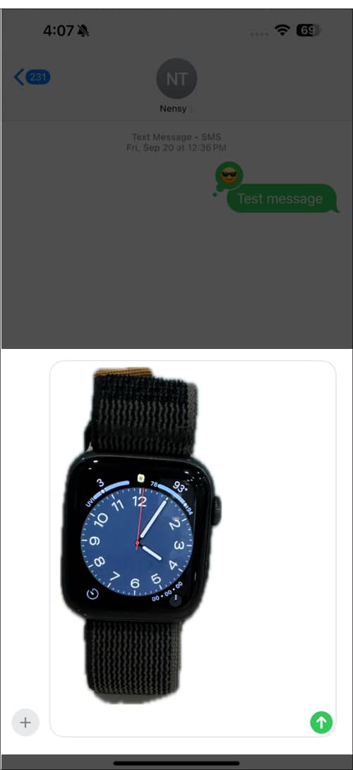 Pasting the image in iOS Messages app on an iPhone.