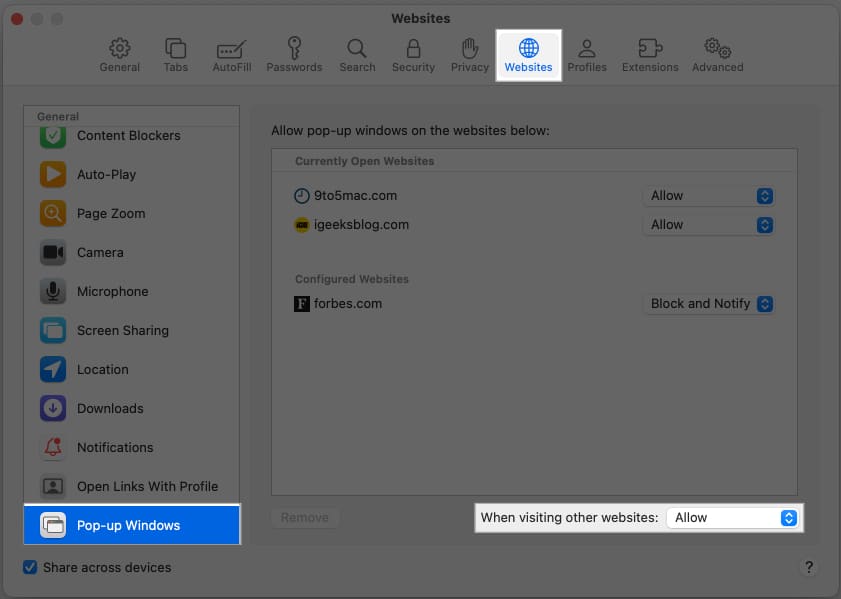Allowing pop-ups for all websites in Safari on a Mac.