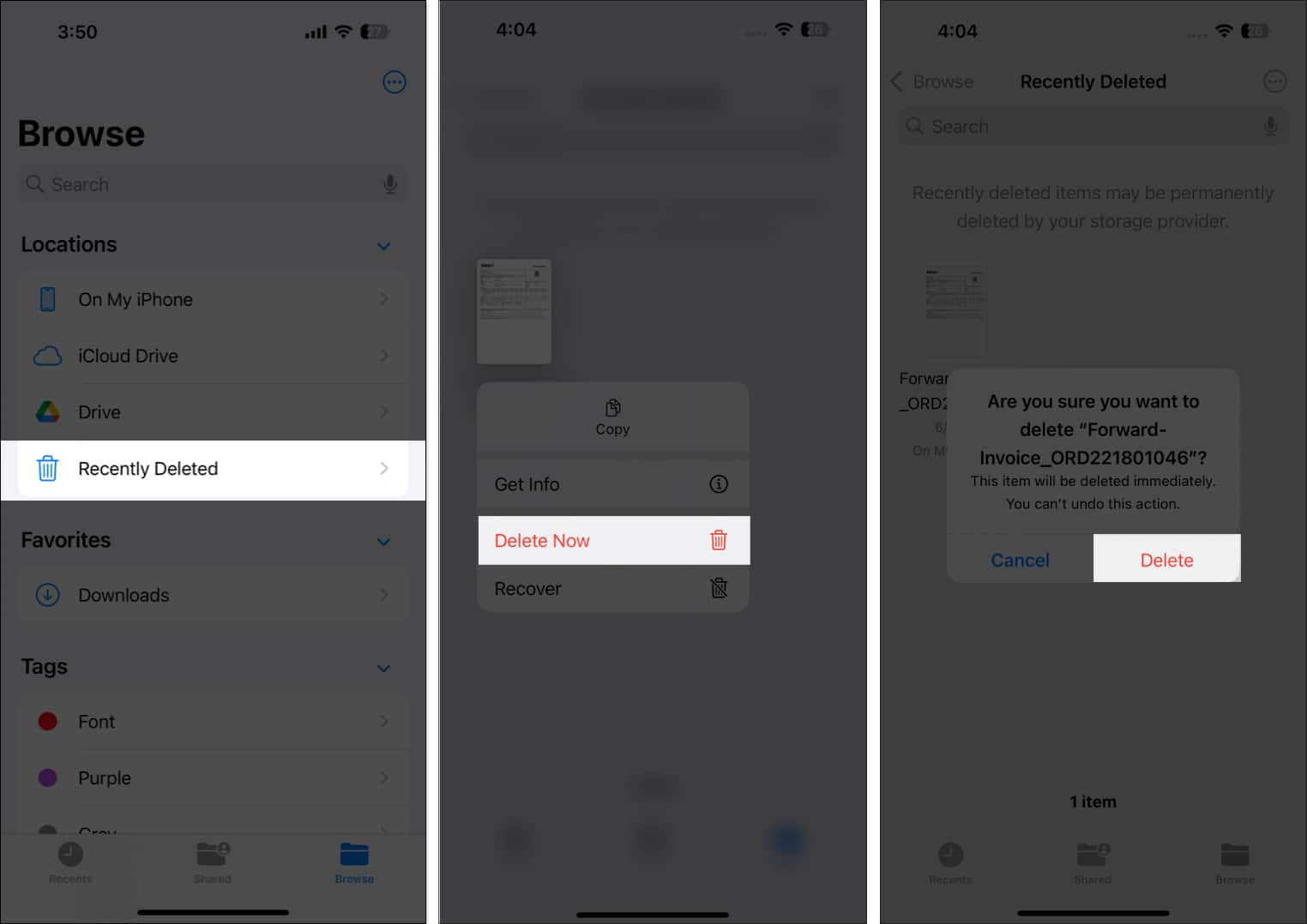 Deleting files files from the Recently Deleted folder in the Files app.