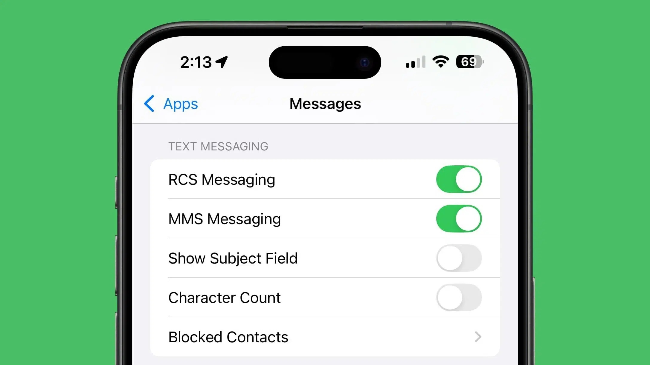 RCS Messaging option toggled on in iPhone Settings app.