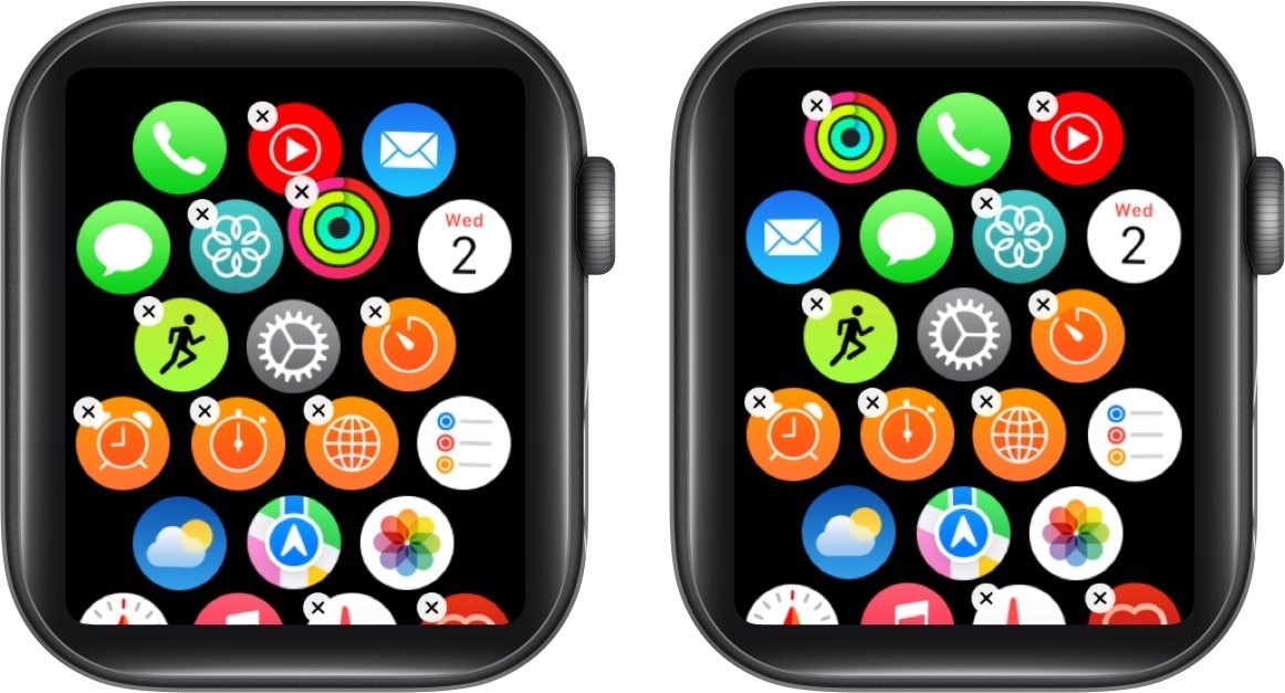 Rearranging apps on an Apple Watch.