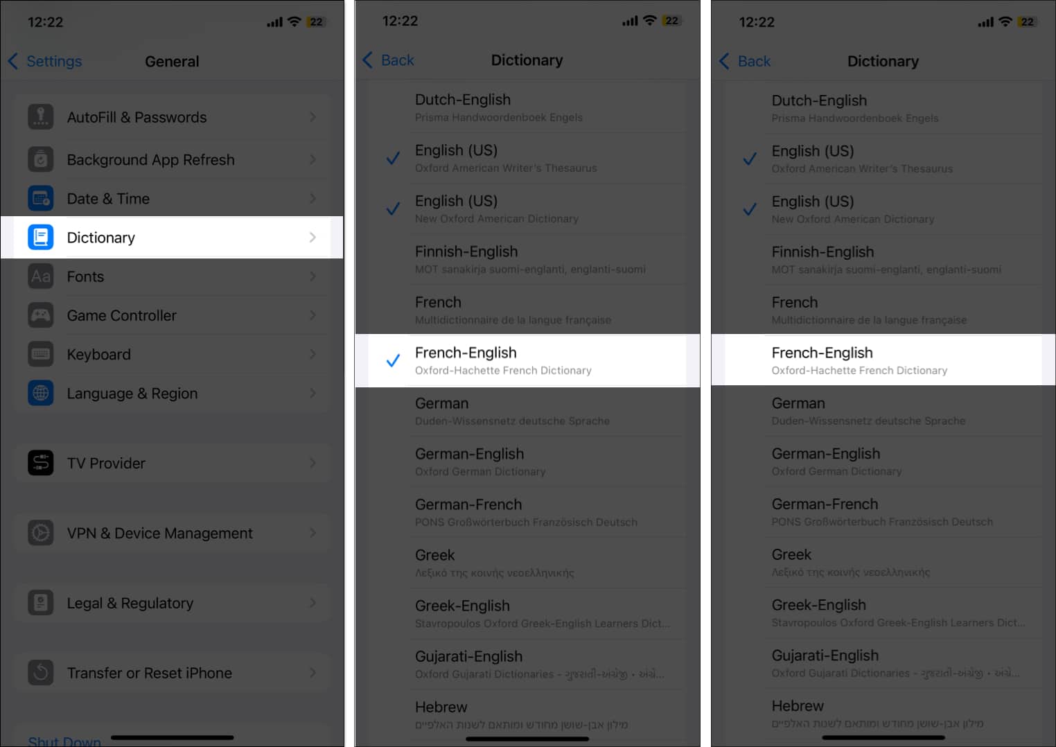 Removing a dictionary in iPhone Settings app.