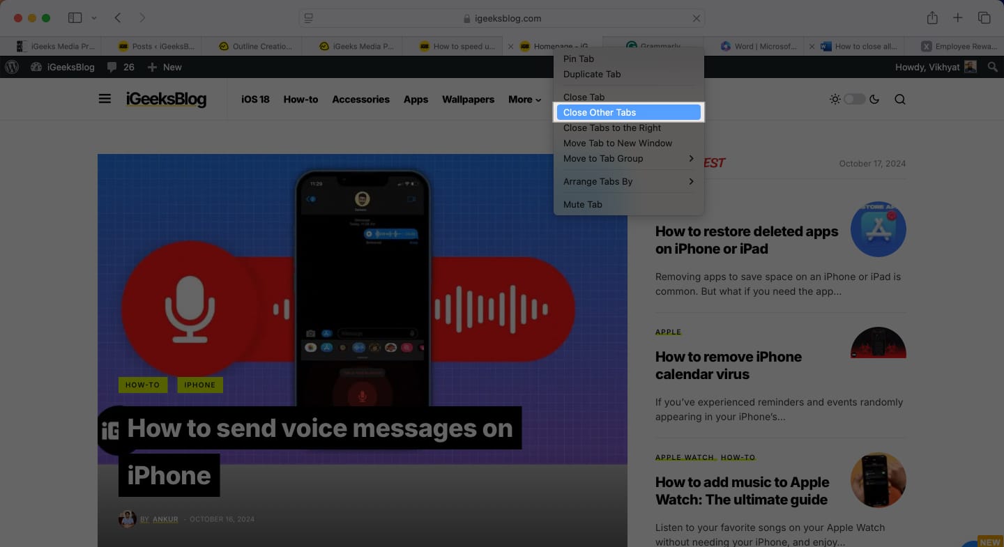 Close Other Tabs option in Safari on a Mac to close all tabs except the current one.