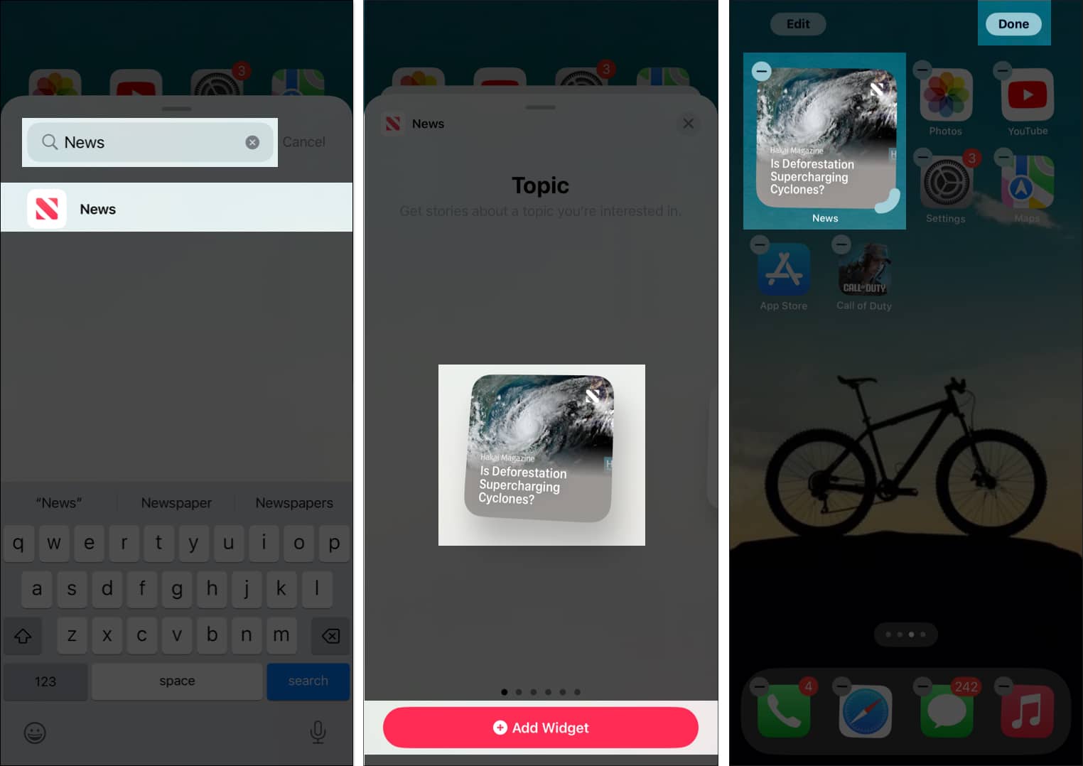 Choosing and selecting an Apple News widget for the iPhone Home Screen.