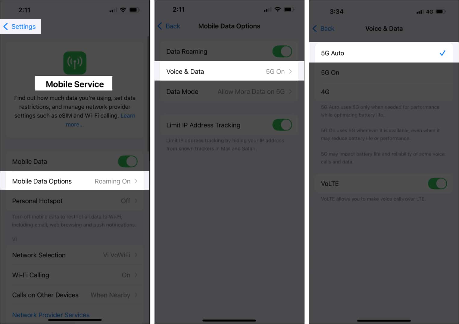 Setting 5G connectivity to 5G Auto in iPhone Settings app.