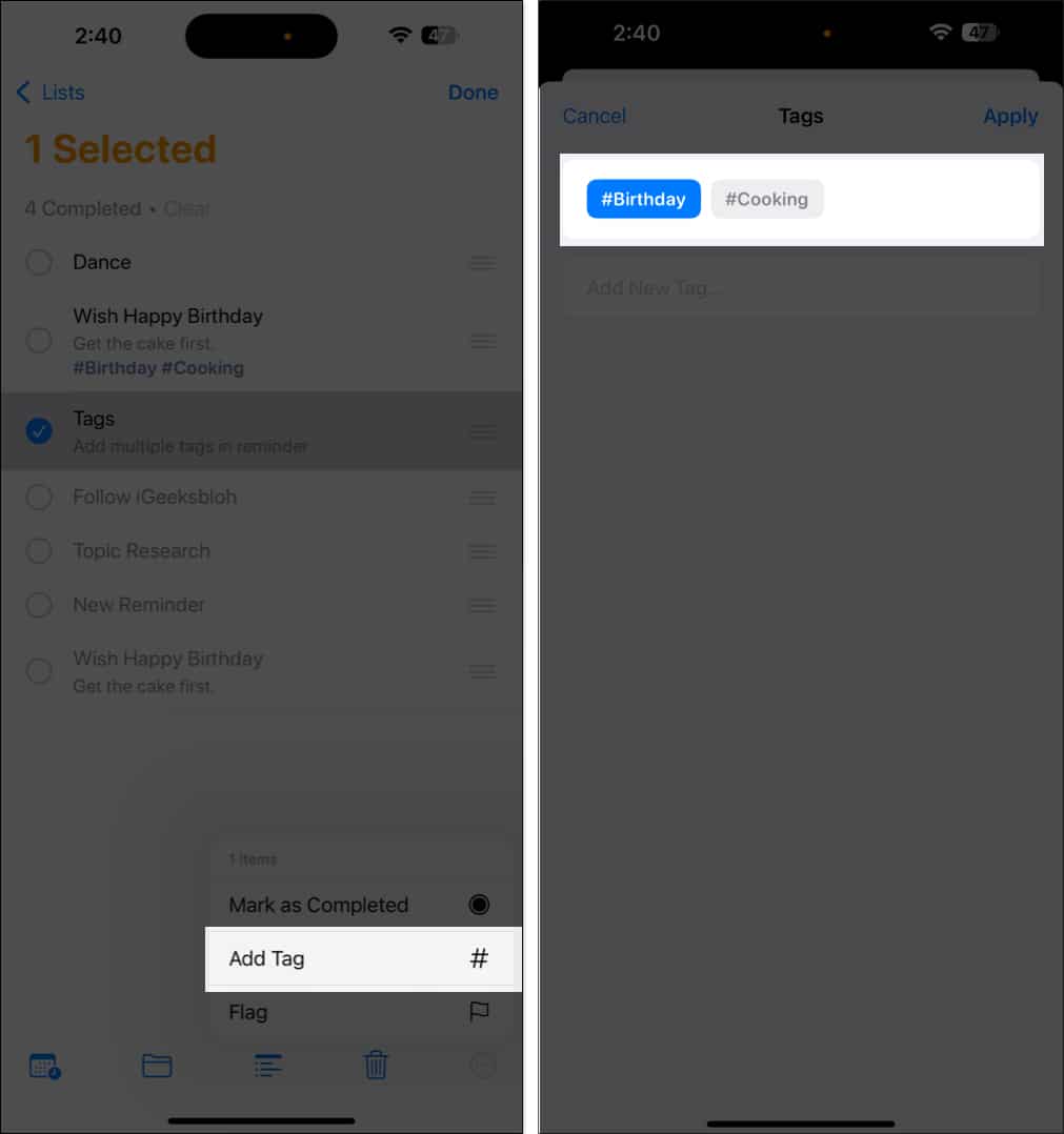 Adding a tag to multiple reminders in iPhone Reminders app.