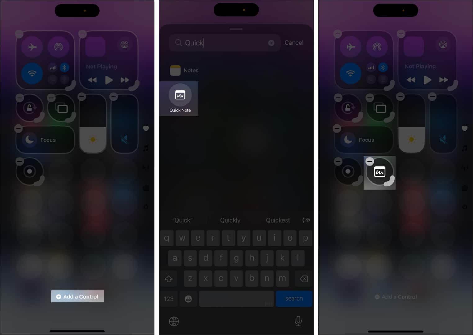 Adding the Quick Note control in iOS Control Center.