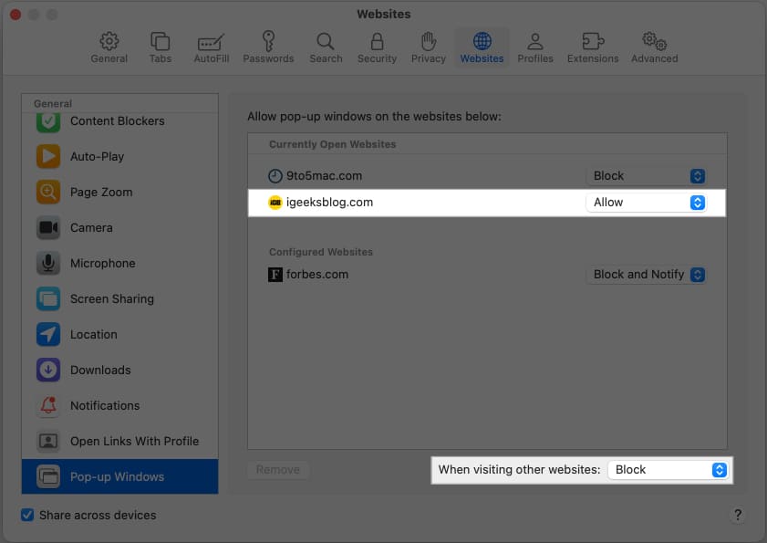 Allowing pop-ups for only one website in Safari on a Mac.