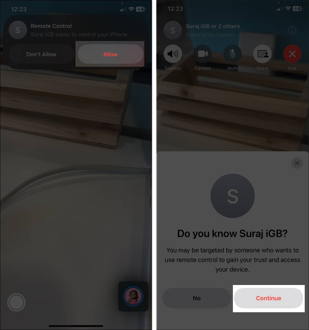 Allowing a contact remote control access to iPhone over FaceTime.