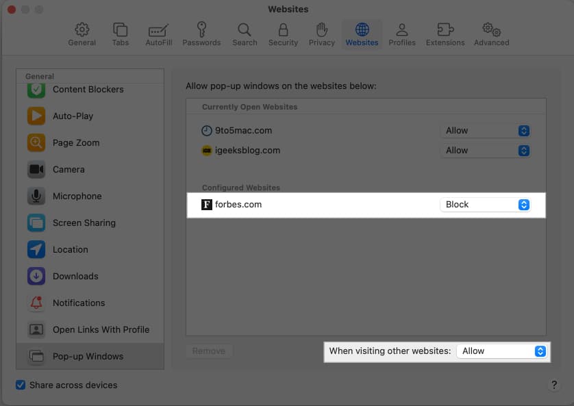 Disabling pop-ups for a specific website in Safari on a Mac.