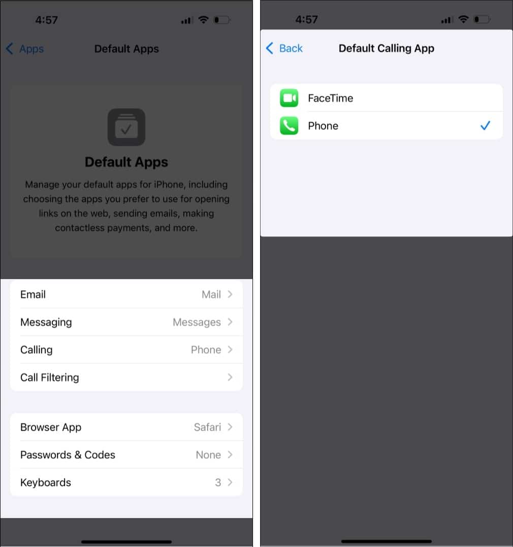 Changing the default calling app on an iPhone running iOS 18.2 beta.