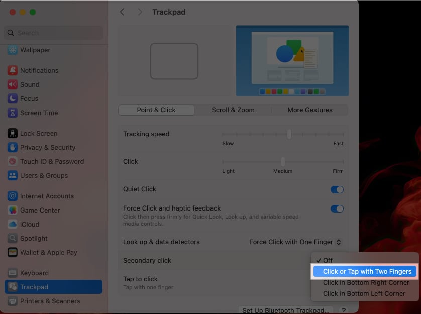 Select Click or Tap with Two Fingers from drop down menu.