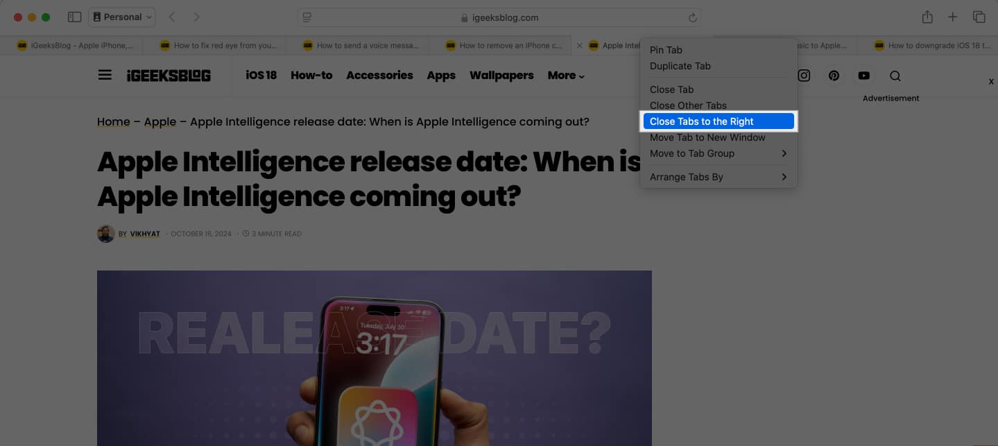 Close Tabs to the Right option to close all tabs to the right on a Mac.