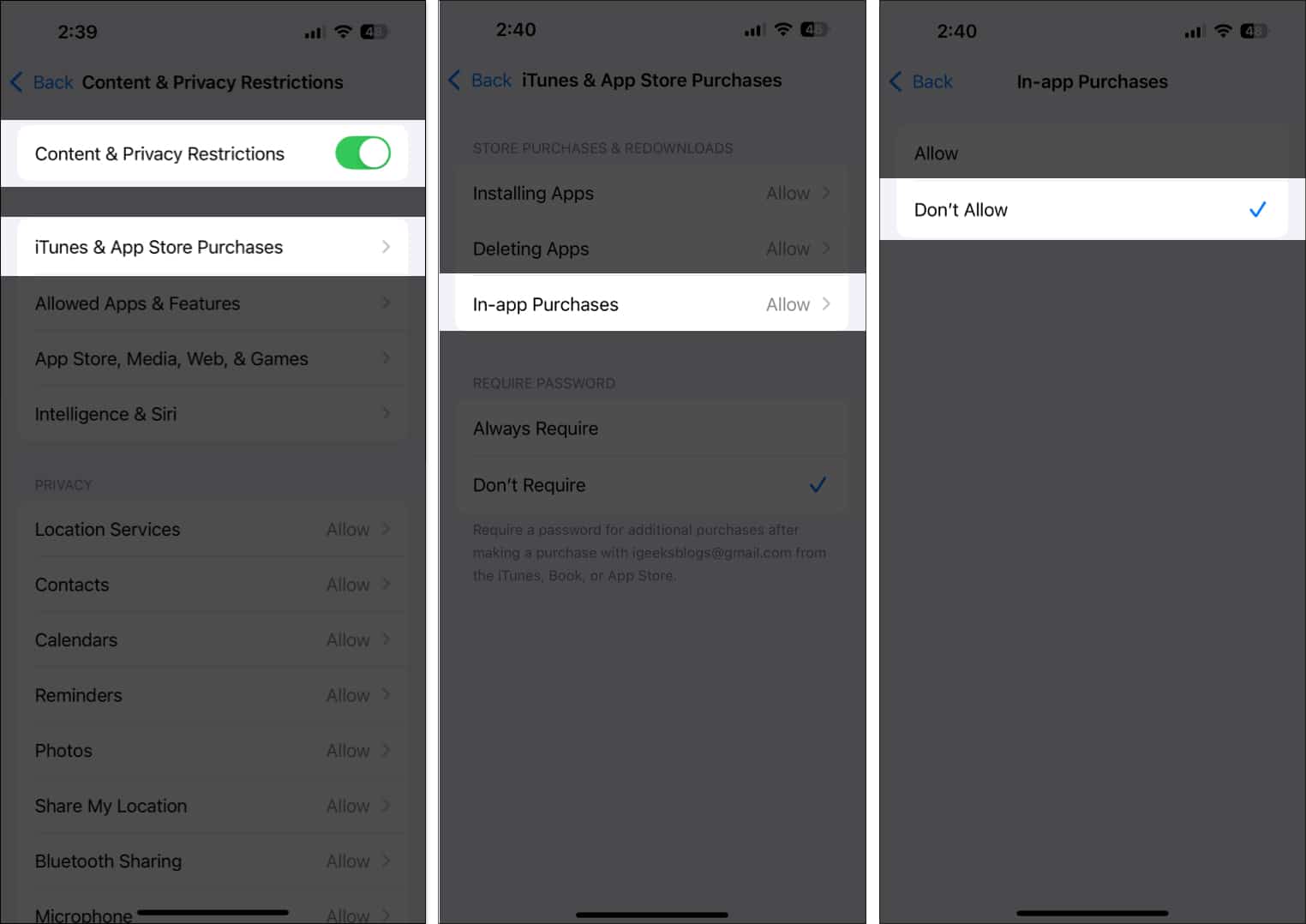 Select Dont Allow option for In-app Purchases in iTunes App Store Purchases settings on iPhone.
