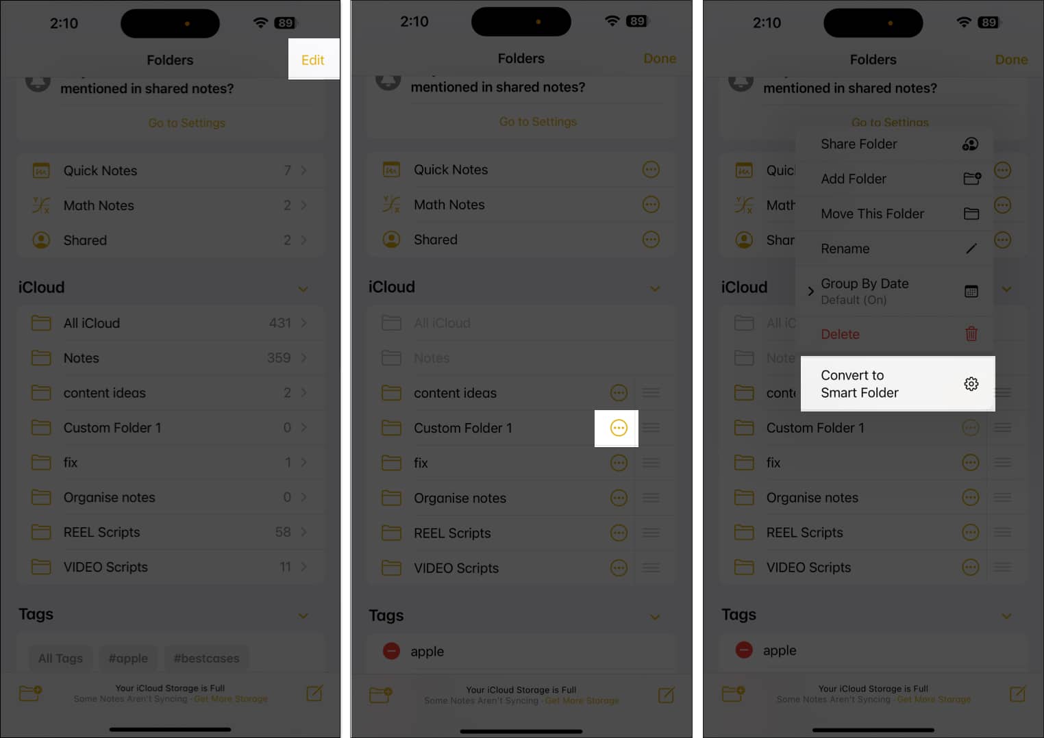 Converting an existing folder into a Smart Folder in Apple Notes app.