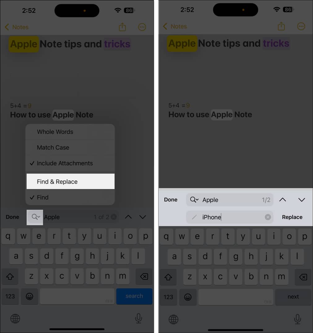 Finding and replacing a word in the Apple Notes app on an iPhone.