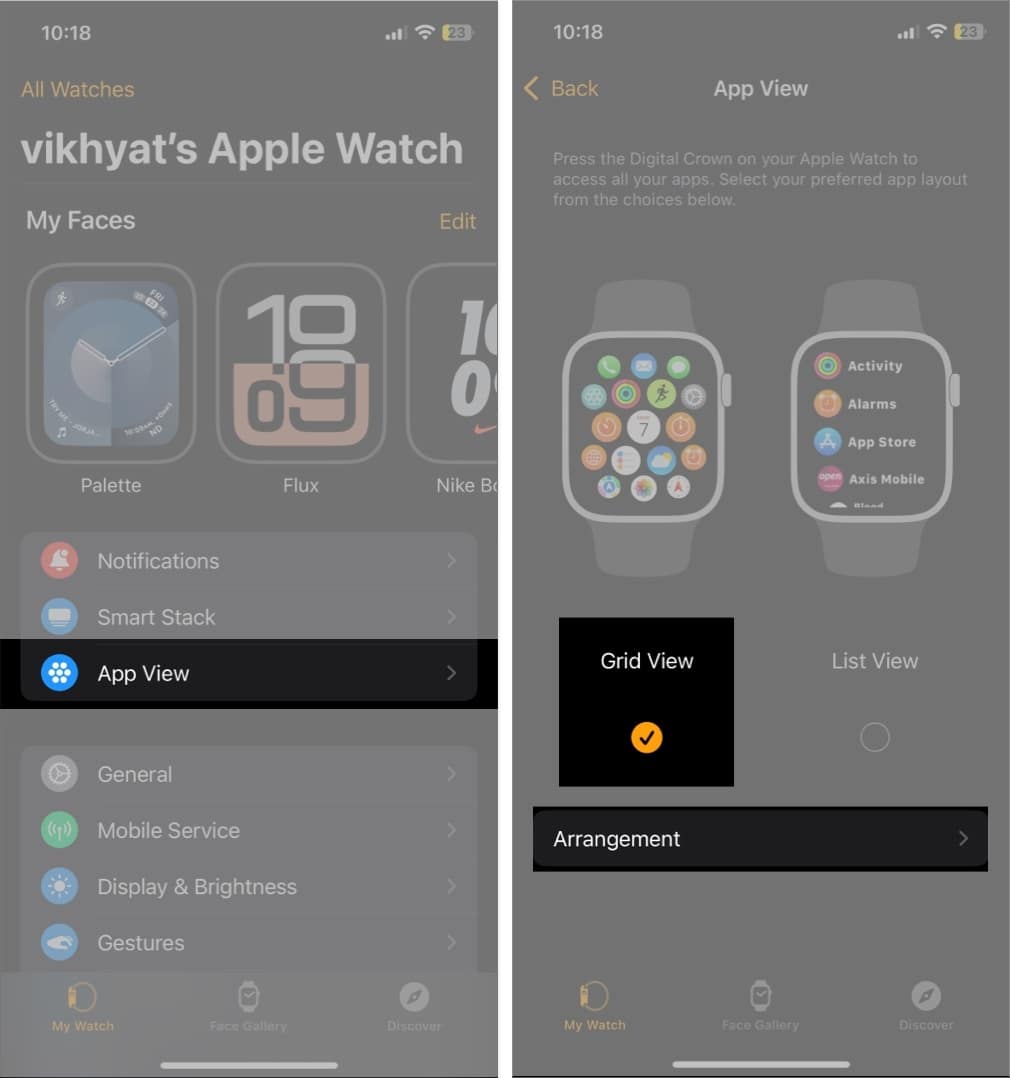 Accessing the arrangement option for the Grid View in the Watch app on an iPhone.