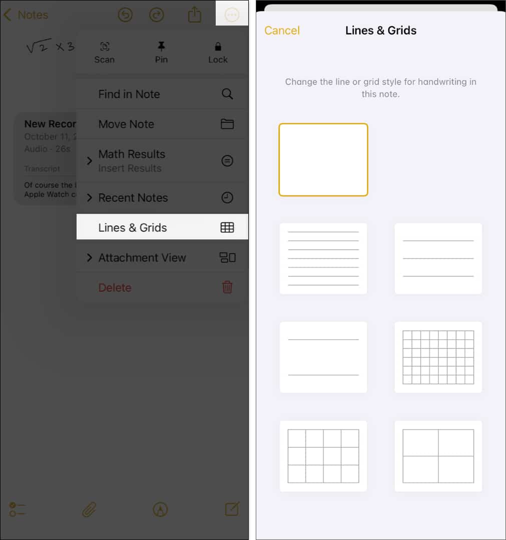Select Lines and Grids in Notes menu on iPhone.