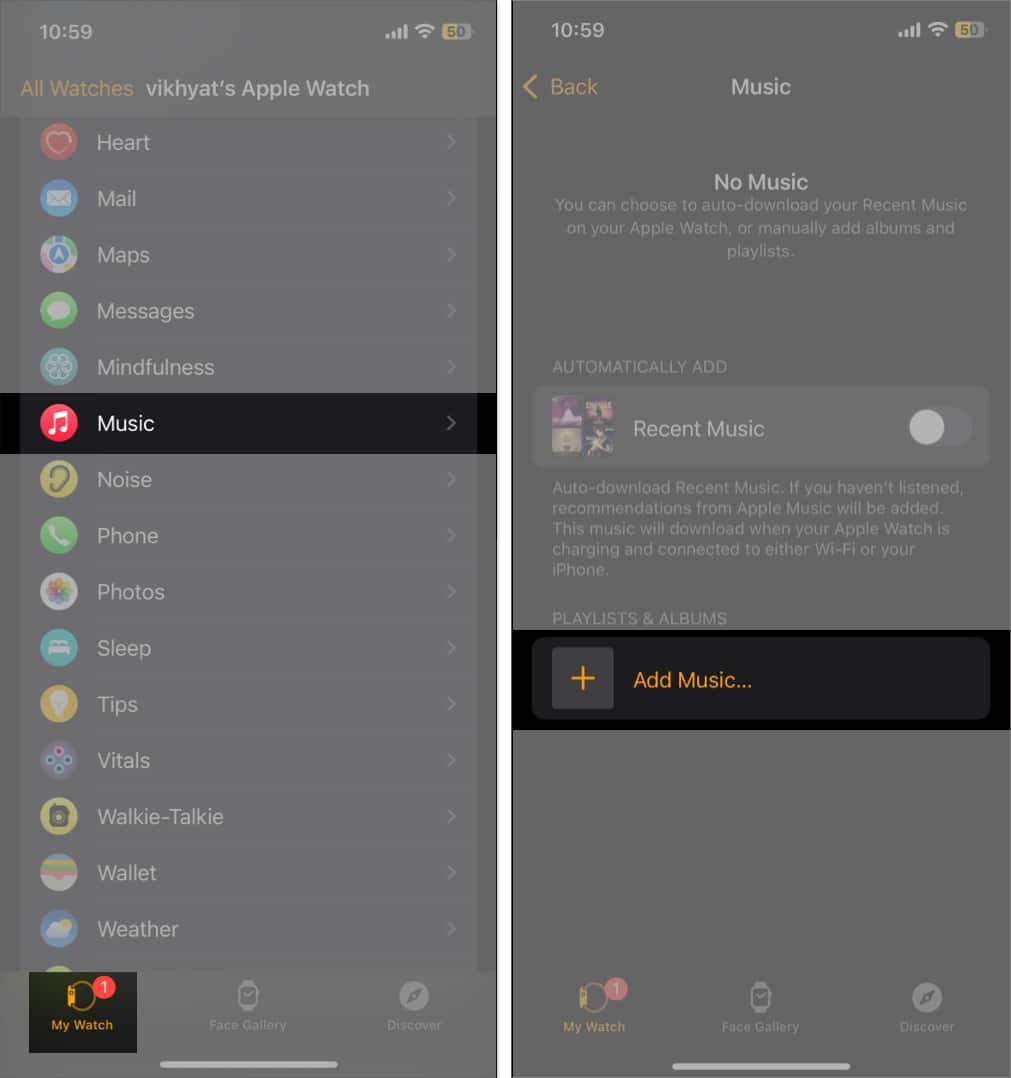 Adding music to the Apple Watch using the Watch app on an iPhone.