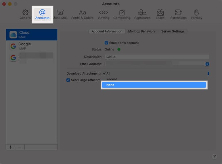 Changing Download Attachment preferences in Mail app settings on a Mac.