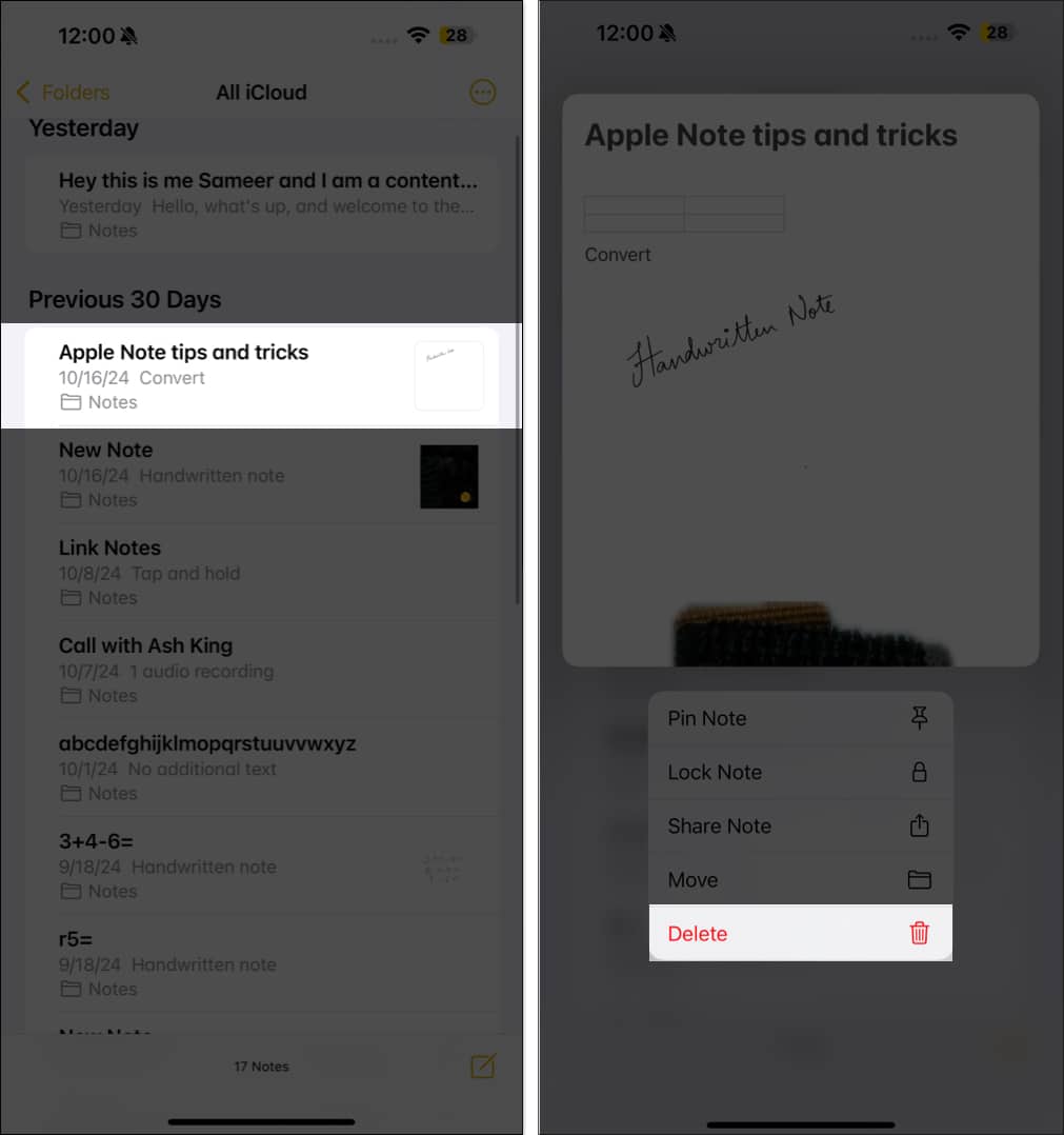 Deleting a note in Apple Notes on an iPhone.