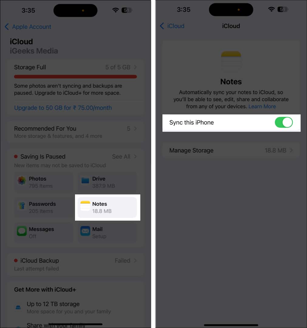 Enabling iCloud sync for Apple Notes app.