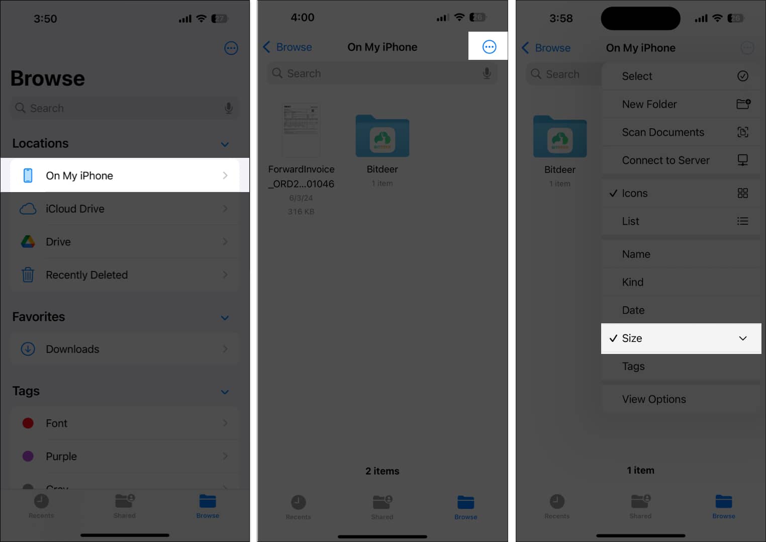 Filtering files by size in the iPhone Files app.
