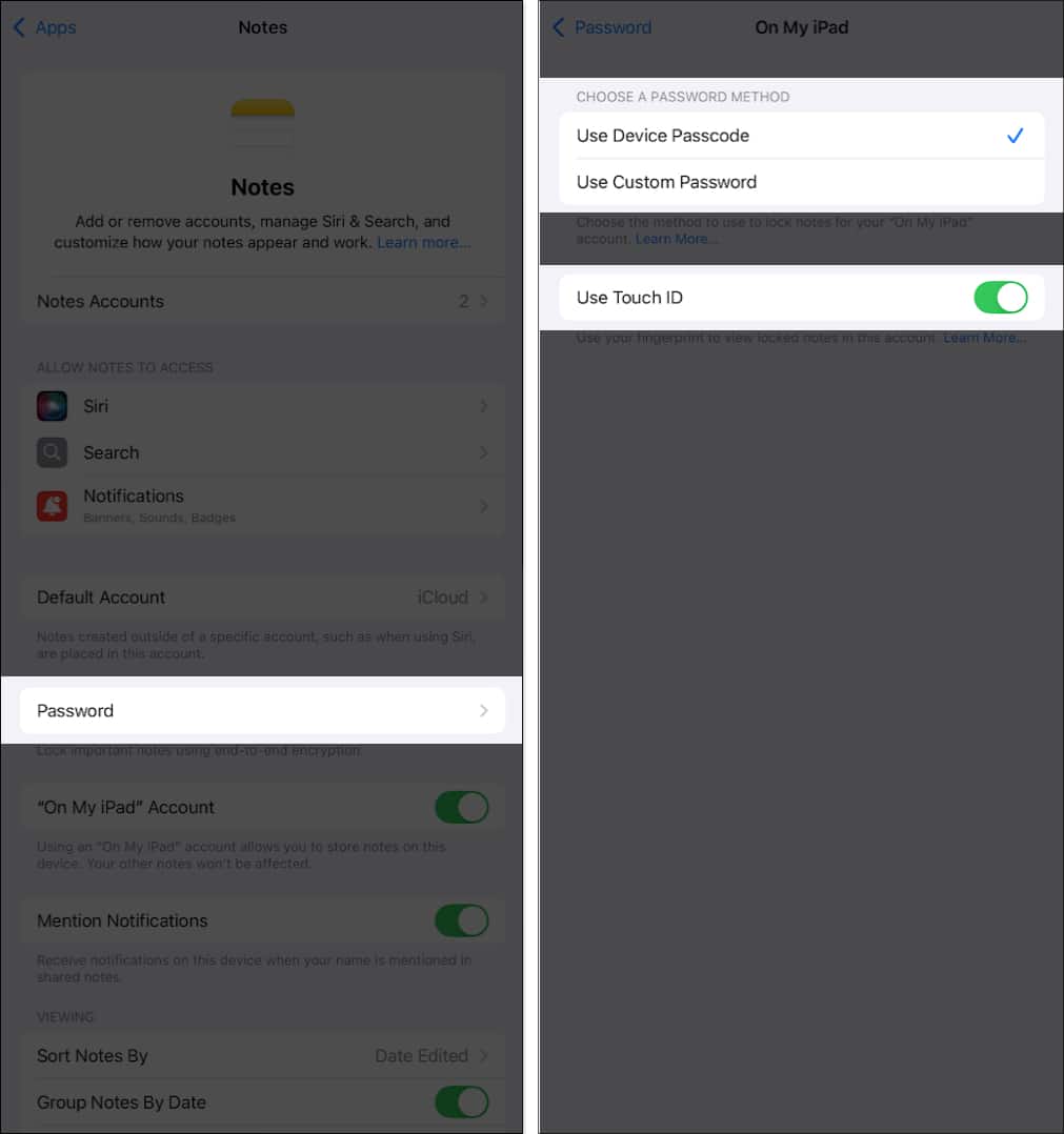 Setting up a lock method for notes in the Apple Notes app.