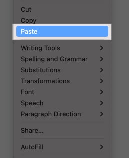 Select Paste option from contextual menu.