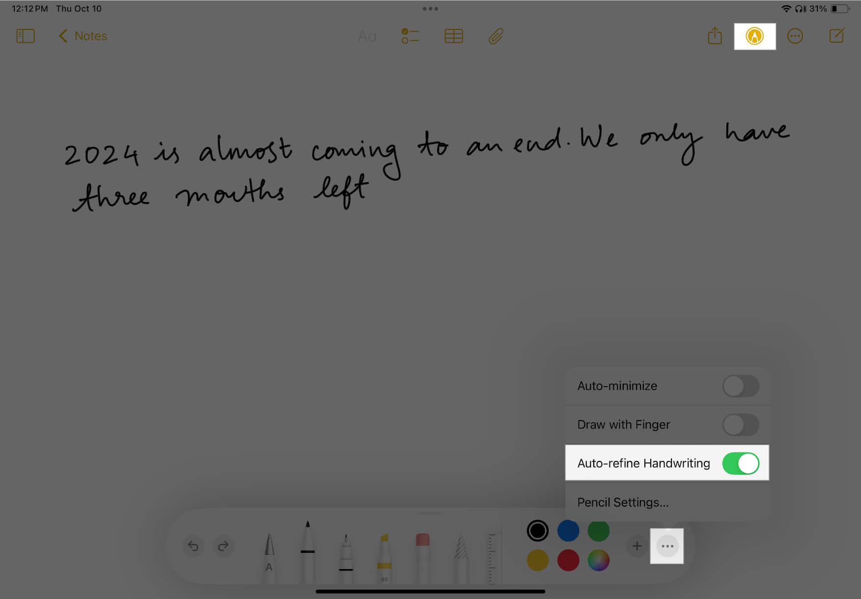 Turning on the Auto-refine Handwriting option in the Notes app on an iPad.