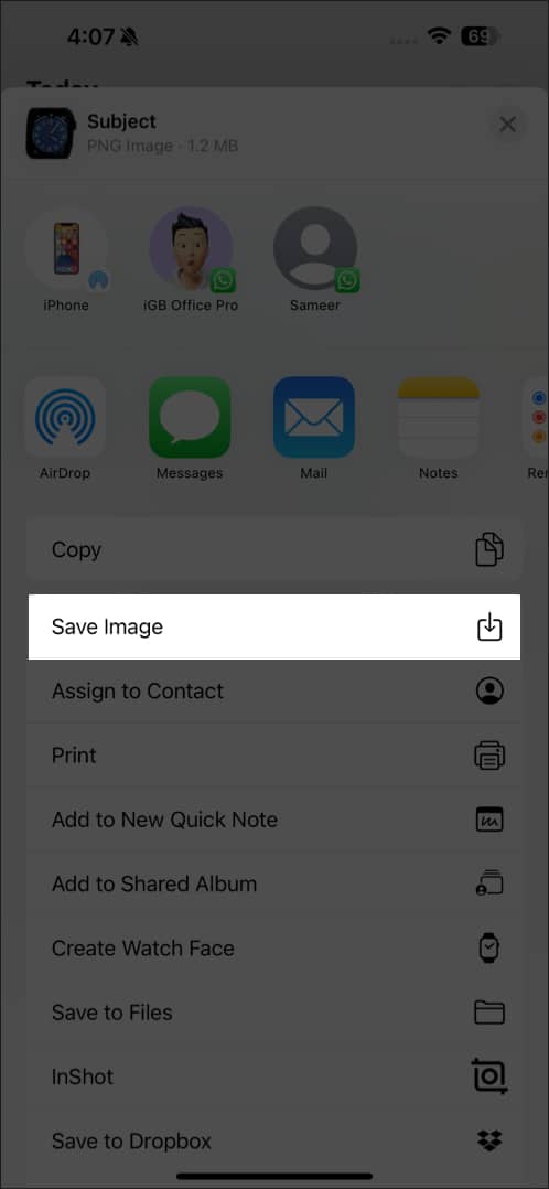Save Image option in Share Sheet to save the extracted subject from an image.