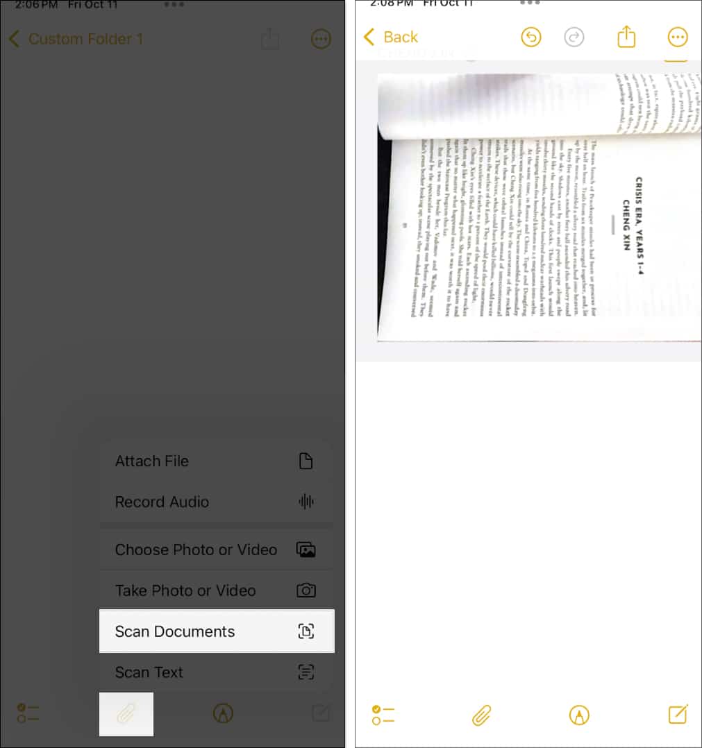Scanning documents in the iPhone Notes app.
