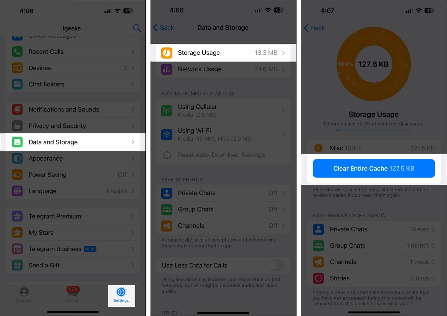 Clearing storage cache in Telegram app on an iPhone.