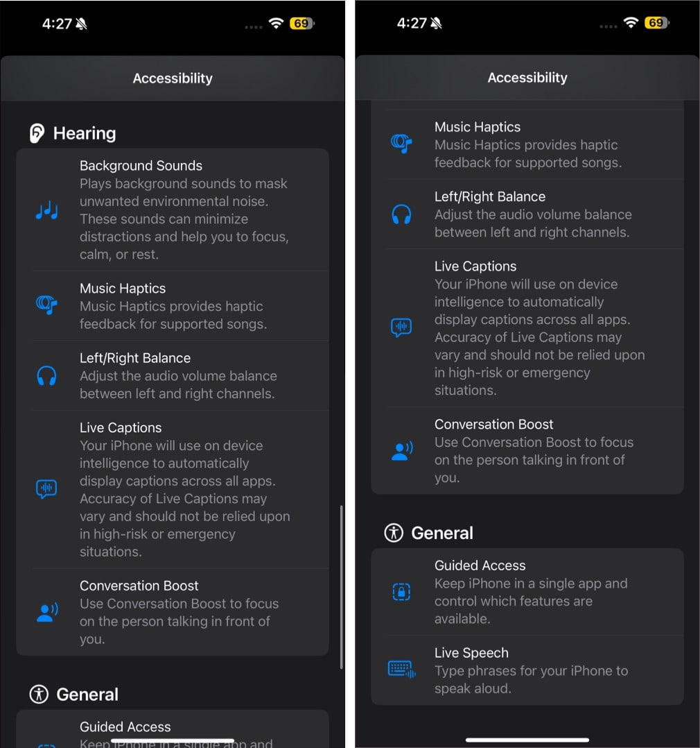 Accessibility options available for the Action Button.
