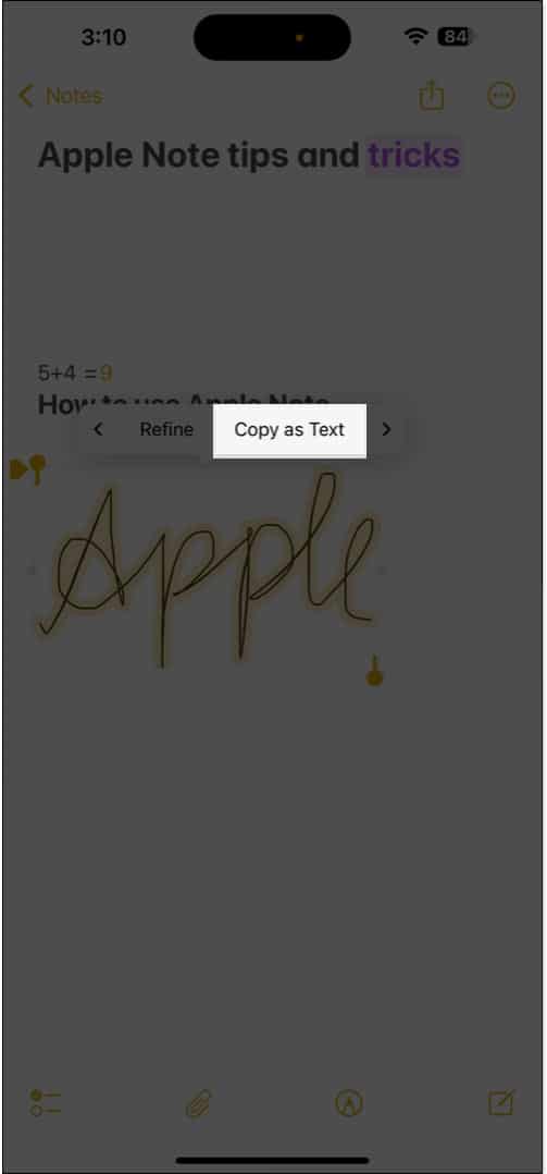 Using the Copy as Text option to copy a handwritten text in Apple Notes.